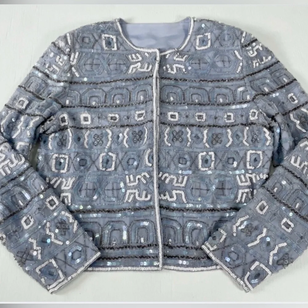 Vintage Beaded Evening wear ladies sequined jacket Coat Blazer Sky‎ Blue Amazing - Picture 2 of 16